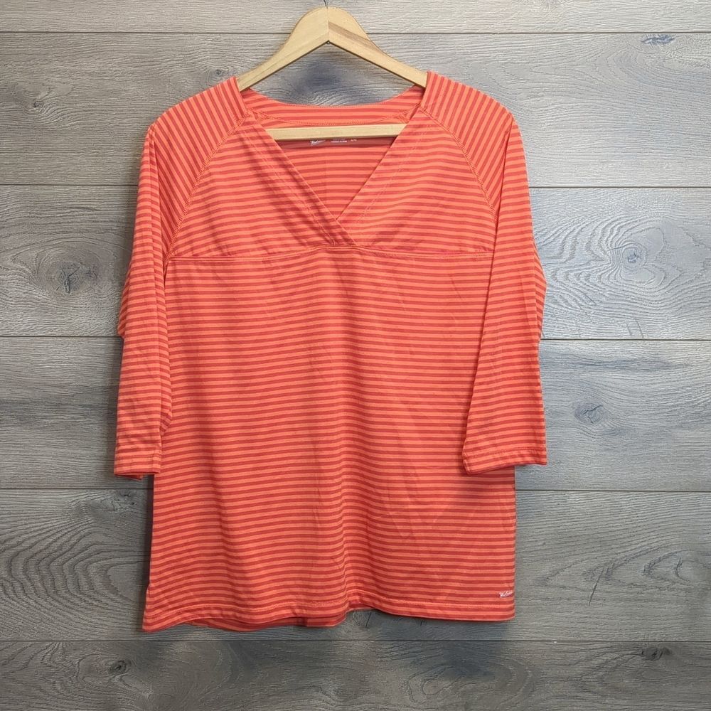 Woolrich Coral Striped 3/4 Sleeve V Neck Top Women's Size XL